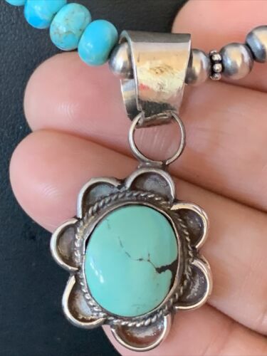 Navajo Blue Turquoise Pendant Necklace | Sterling Silver Pearls | Authentic Native American Handmade | 13219