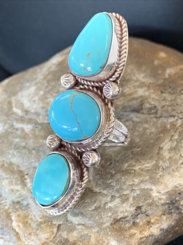 Navajo Blue Turquoise Cluster Ring | Authentic Native American Sterling Silver | Multi-Stone | Sz 8 | 2121