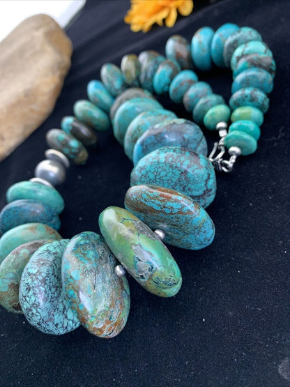 Men's Pearl Grad Sterling Silver Natural Blue Turquoise Necklace | Navajo Handmade | Authentic Native American | 24"| 01746