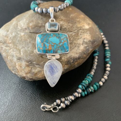 Navajo Pearls Sterling Silver Blue Mojave Turquoise Necklace Pendant | Multi-Stone | 11820