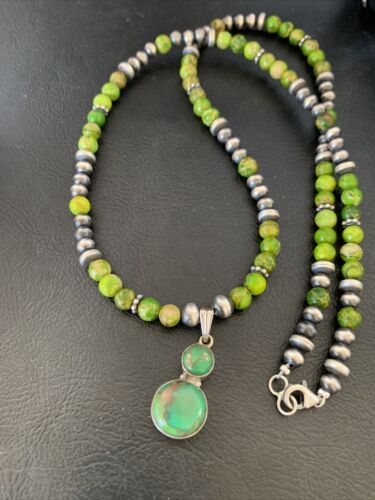 Navajo Green Gaspeite Turquoise Pendant | Sterling Silver | Authentic Native American Handmade | 12267