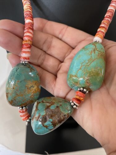 Chunky Turquoise and Red Spiny Oyster Necklace | Navajo Pearls | Sterling Silver | 22" | Native American Handmade | 1238 - Masha USA