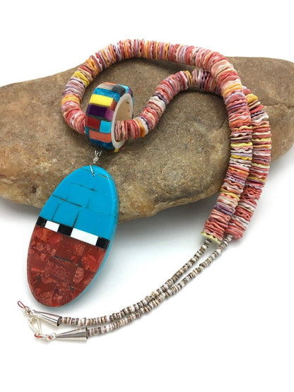 Authentic Native American Santo Domingo Multi-Color Spiny Sterling Silver Necklace with Inlay Pendant | 24" | 2915