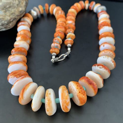 Navajo Orange Spiny Oyster & Turquoise Necklace | Sterling Silver | Authentic Native American | Graduated | 22" | 11387