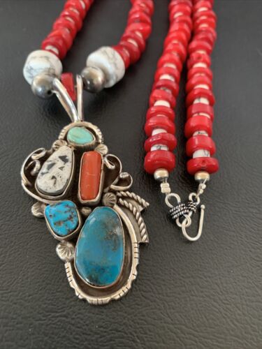 Navajo Coral, White Buffalo Turquoise, Spiny Oyster Pendant | Authentic Native American Sterling Silver | Multi-Stone | 1178