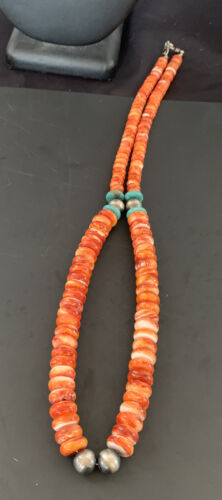 Navajo Pearls Sterling Necklace | Red Spiny Oyster & Turquoise Pendant | 24" | 11327