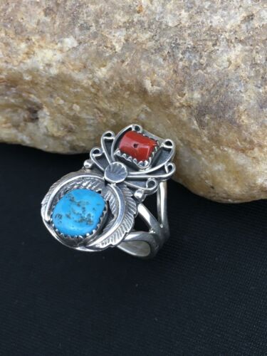 Navajo Southwestern Blue Turquoise & Coral Ring | Authentic Native American Sterling Silver | Multi-Stone | Sz 9.5 | 4857