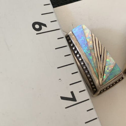 Navajo Blue White Opal Inlay Earrings | Sterling Silver | Authentic Native American Handmade | 12117 - Masha USA