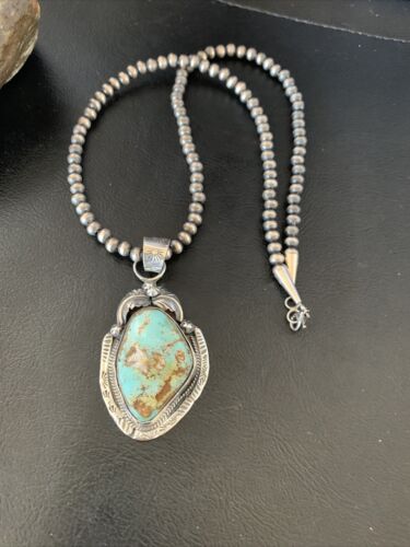 Men's Navajo Blue Dry Creek Turquoise Pendant | Sterling Silver | Pearl Necklace | Native American | 12970
