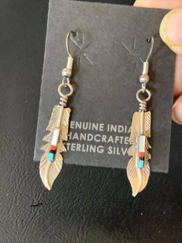Navajo Coral Inlay Feather Earrings | Sterling Silver | Authentic Native American Handmade | 13065