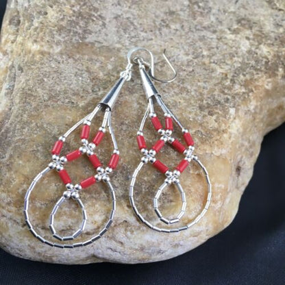 Native American Red Coral Tube Heishi Dangle Earrings | Liquid Sterling Silver | 2" | 3104