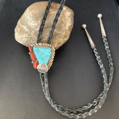 Ultra Rare Men's Bolo Tie | Blue Kingman Turquoise & Coral | Sterling Silver | Navajo | 13669