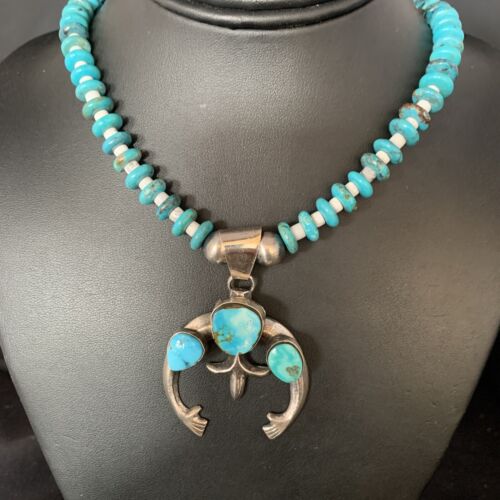 Navajo Sterling Silver Blue Turquoise Necklace with Naja Pendant | 18" | Authentic Native American Handmade | 13754