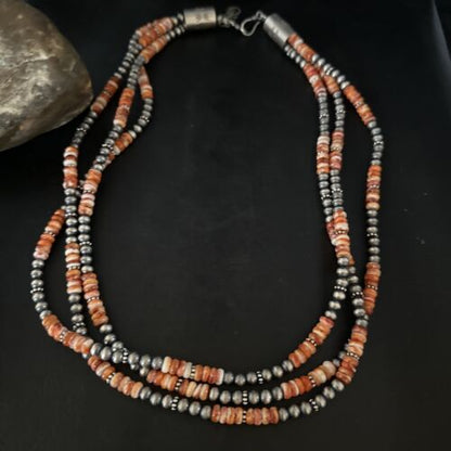 Navajo Pearls Necklace | Sterling Silver | Orange Spiny Oyster | 3-Strand | 22" | 14675