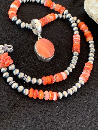 Navajo Red Spiny Oyster Pendant Necklace | Sterling Silver | Authentic Native American Handmade | 8820