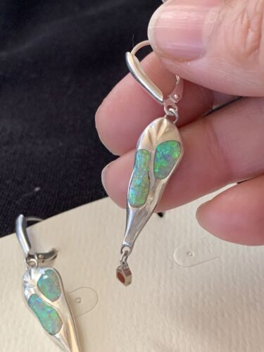Native American Navajo Blue Opal Inlay Earrings | Sterling Silver | 2" | 1518