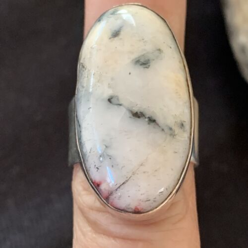 Southwestern Navajo Cinnabrite Ring | White Black | Sterling Silver | Sz 7.5 | 01560