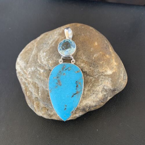 Southwestern Navajo Blue Topaz Turquoise Pendant | Sterling Silver | 3" | 10711