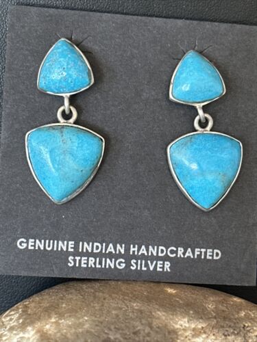Navajo Blue Turquoise Dangle Earrings | Sterling Silver | 1" | Authentic Native American Handmade | 14771
