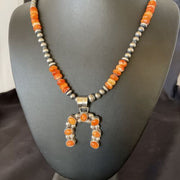 Navajo Pearls Sterling Silver Necklace | Orange Spiny Oyster Naja Pendant | 11346