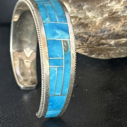 Native American Women's Blue Sleeping Beauty Turquoise Inlay Cuff Bracelet | Sterling Silver | 14321