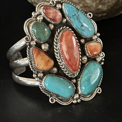 Men's Kingman Turquoise & Spiny Oyster Cluster Cuff Bracelet | Sterling Silver | Native American Handmade | 14595