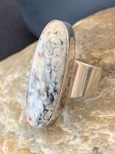 Navajo Men's White Black Cinnabrite Ring | Sterling Silver | Sz 7.5 | Authentic Native American Handmade | 1553