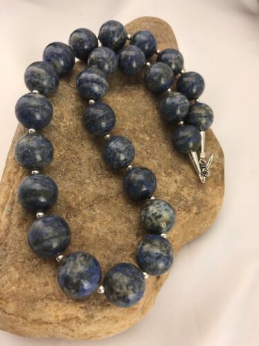 Authentic Native American Handmade | Navajo Sterling Silver Denim Lapis Bead Necklace | 20" | 16mm