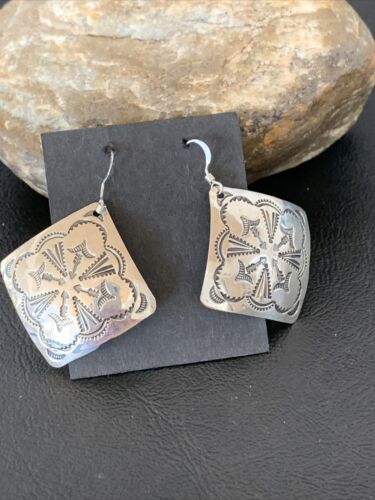Native American Women's Dangle Earrings | Navajo Sterling Silver Stamped Handmade | 1656