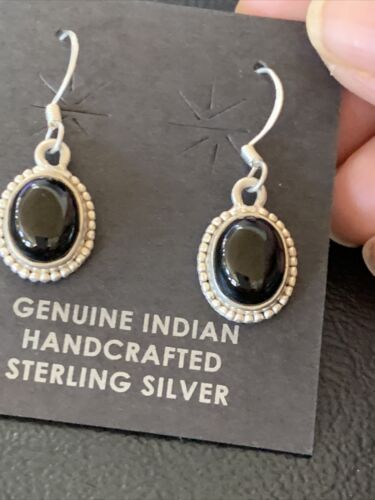Native American Navajo Black Onyx Drop Earrings | Sterling Silver Dangle | 0.5" | 12647