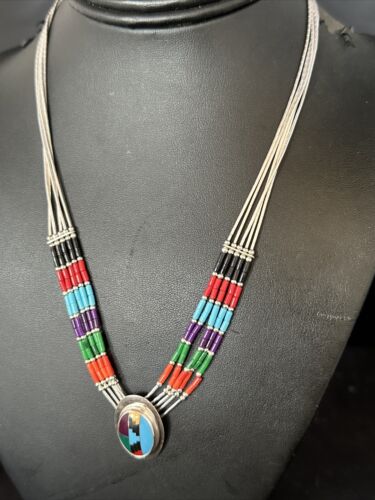 Multi-Color Liquid Silver Heishi 5-Strand Necklace | Sterling Silver Pendant | 14823