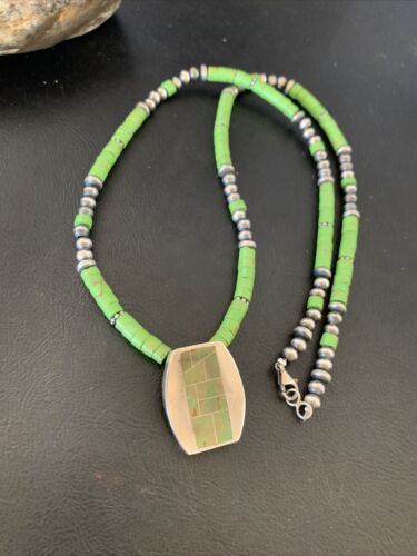 Navajo Green Gaspeite Turquoise Pendant | Sterling Silver | Authentic Native American Handmade | 12345