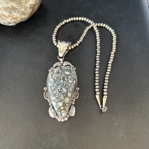 White Buffalo Turquoise Necklace Pendant with Pearls | Sterling Silver | Authentic Native American Handmade | 14805