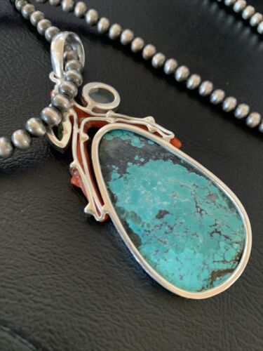 Navajo Pearl Spiderweb Turquoise Coral Pendant Necklace | Authentic Native American Sterling Silver | Multi-Stone | 11812