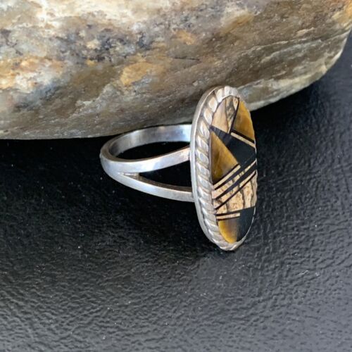 Navajo Black Onyx Coffee Tigers Eye Inlay Ring | Sterling Silver | Sz 8.5 | 10733