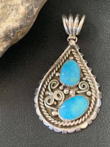 Navajo Blue Turquoise Cluster Pendant | Sterling Silver | 3" | Authentic Native American Handmade | 02103