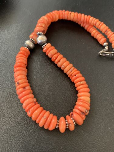 Native American Pink Coral Navajo Bead Necklace | Sterling Silver | 18" | 01951