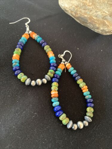 Navajo Sterling Silver Bead Earrings | Spiny, Turquoise & Lapis Dangle | Authentic Native American Handmade | 1413