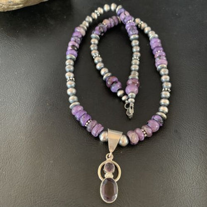 Navajo Purple Charoite and Amethyst Pendant Necklace | Authentic Native American Sterling Silver | Multi-Stone | 22" | 13412