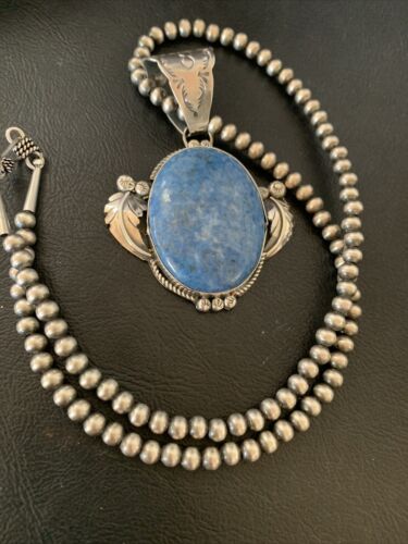 Navajo Denim Lapis Necklace with Pendant | Sterling Silver | Authentic Native American Handmade | 12442