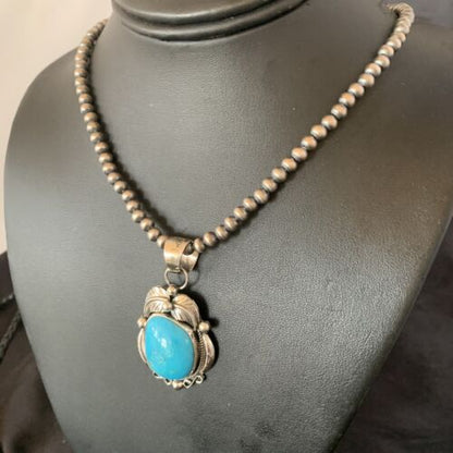 Men's Navajo Pearls Necklace with Blue Kingman Turquoise Pendant | Sterling Silver | Native American Handmade | 12593