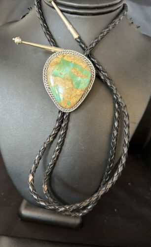 Navajo Green Royston Turquoise Bolo Tie | Sterling Silver | Authentic Native American Handmade | 14520 - Masha USA