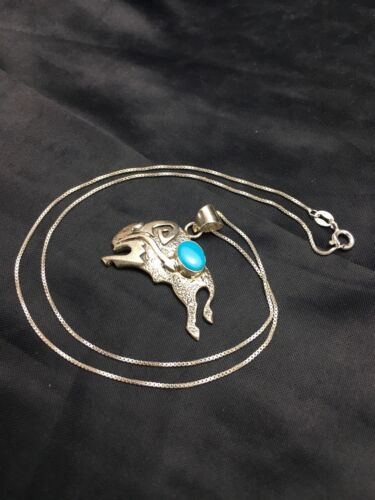 Navajo Buffalo Turquoise Pendant 1.25" | Sterling Silver | Native American Handmade | 20" | 3024