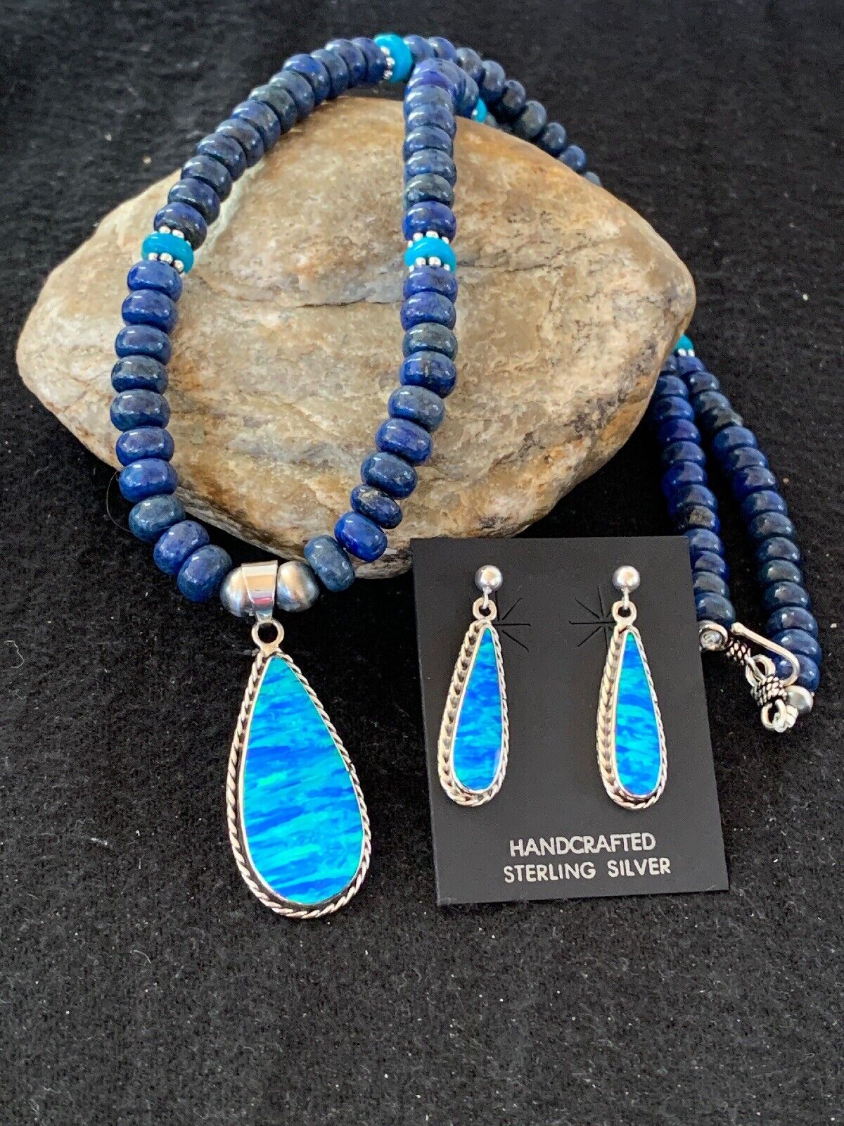 Navajo Opal Pendant with Lapis & Turquoise Necklace and Earrings Set | Sterling Silver | Authentic Native American Handmade | 4328