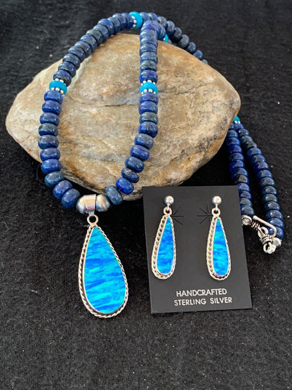 Navajo Opal Pendant with Lapis & Turquoise Necklace and Earrings Set | Sterling Silver | Authentic Native American Handmade | 4328