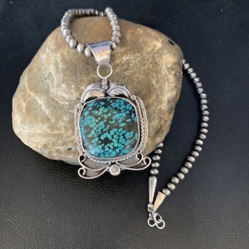 Men's Navajo Blue Spiderweb Turquoise Pendant Necklace | Sterling Silver | Authentic Native American Handmade | 14203