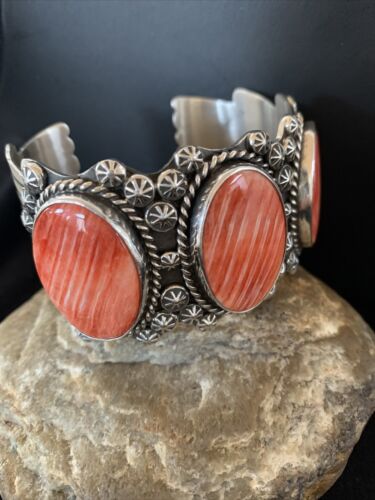 Navajo Red Spiny Oyster Cuff Bracelet | Sterling Silver | Authentic Native American Handmade | 01107