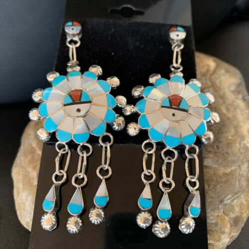 Zuni Sun Face Kingman Turquoise White Mother of Pearl Dangle Earrings | Sterling Silver | 12125