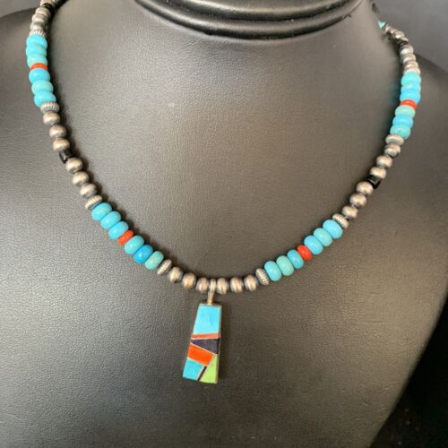 Navajo Blue Turquoise Coral Pendant Necklace | Sterling Silver Inlay | Authentic Native American Handmade | 13839