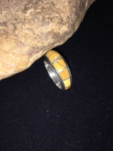 Navajo Yellow Gold Turquoise Inlay Ring | Sterling Silver | Sz 6.5 | 01788